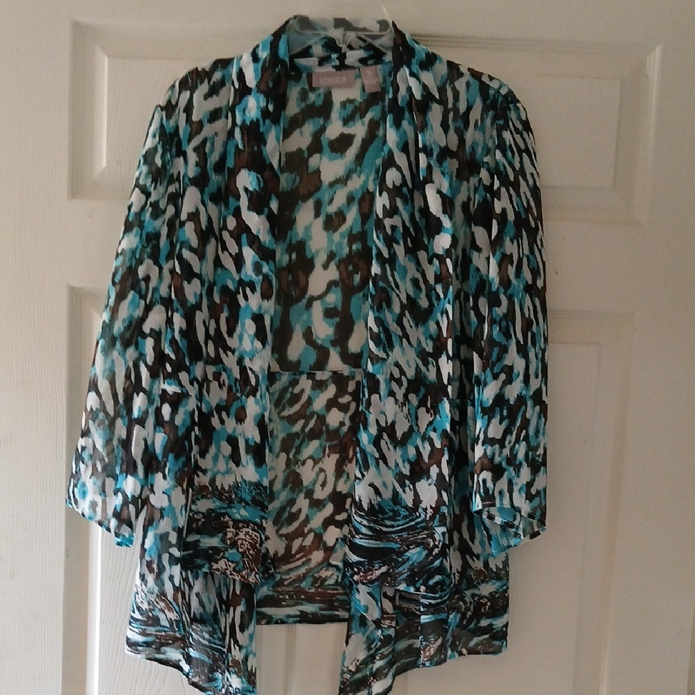 Chico's Teal and Brown Animal Print Cardigan